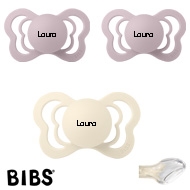 BIBS Couture Sutter med navn str2, 1 Ivory, 2 Dusky Lilac, Anatomisk Silikone, Pakke med 3 sutter